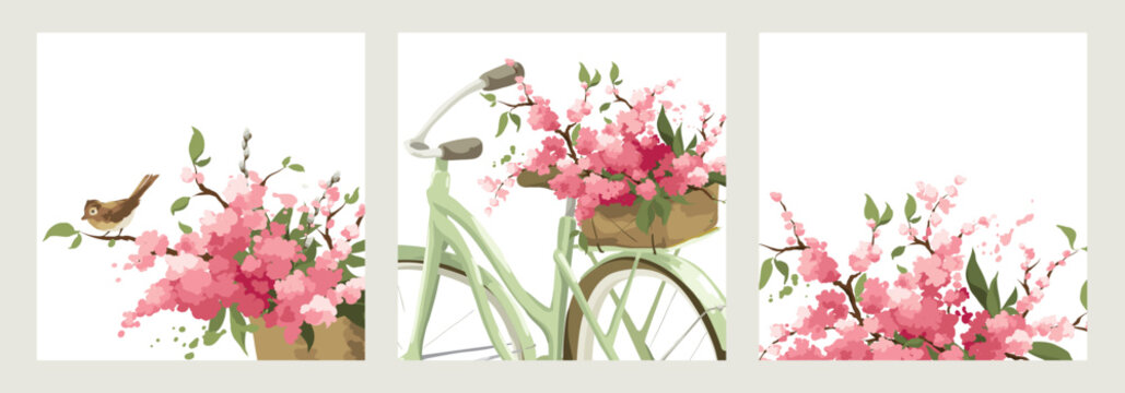 Collection of vector templates for postcards or invitations on the spring holidays. Retro bike with basket of flowers. Postcard with blossoming cherry or apple tree branches and little bird.