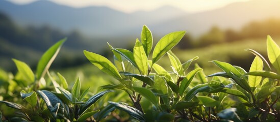 tea plantation background, tea plantation in morning light, Green tea buds and leaves at early morning on plantation. - obrazy, fototapety, plakaty