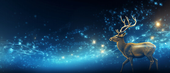 golden reindeer made of stars and pixie dust in blue christmas night