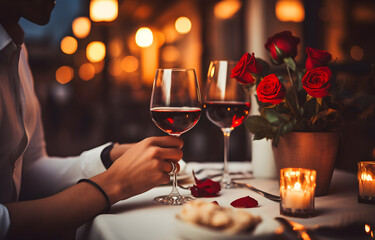 Man's hands holding hands of girl on restaurant table day light with two red wine glasses and red roses flower over white blurred cafe background - obrazy, fototapety, plakaty