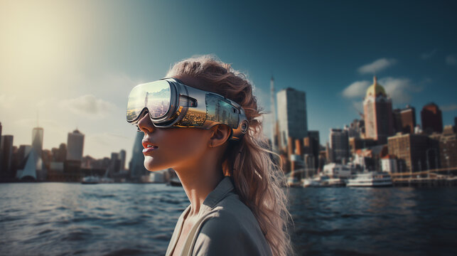 Girl with virtual reality glasses next to the sea and the city skyline