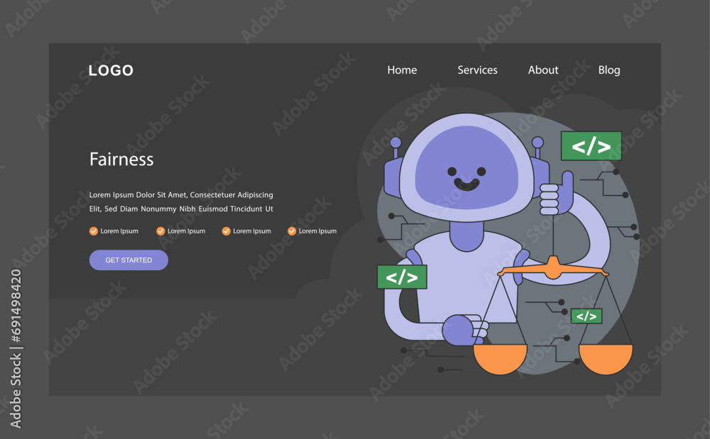 Poster ai ethics dark or night mode web, landing. robot balanced scales, unbiased algorithmic fairness. jus