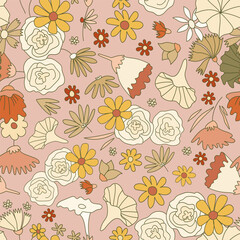 Fototapeta na wymiar Floral pattern on a pale pink base. Earthy, warm colour palette, scattered composition.