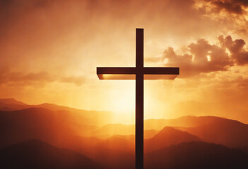 cross on blurry sunset background .