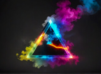 A futuristic triangle with colored smoke. Dark background. AI	
