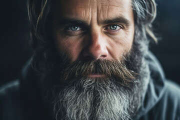 Close up portrait serious Caucasian male hipster with big gray beard, generative ai 