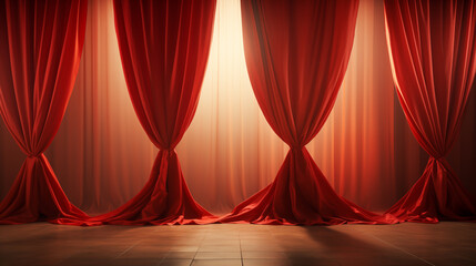 Red transparent curtain. Sunlight through transparent tulle. Morning sunlight at the window