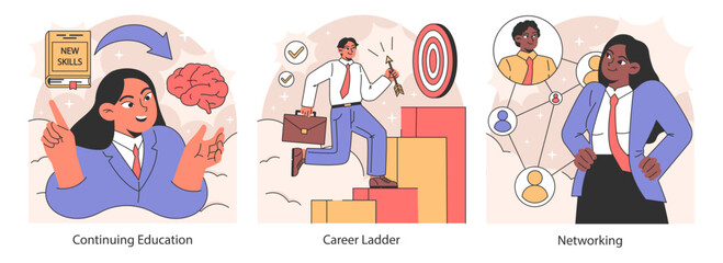 Professional growth set. Pathways and strategies for career advancement. Diverse business characters developing skills. Mentorship and networking. Work satisfaction. Flat vector illustration