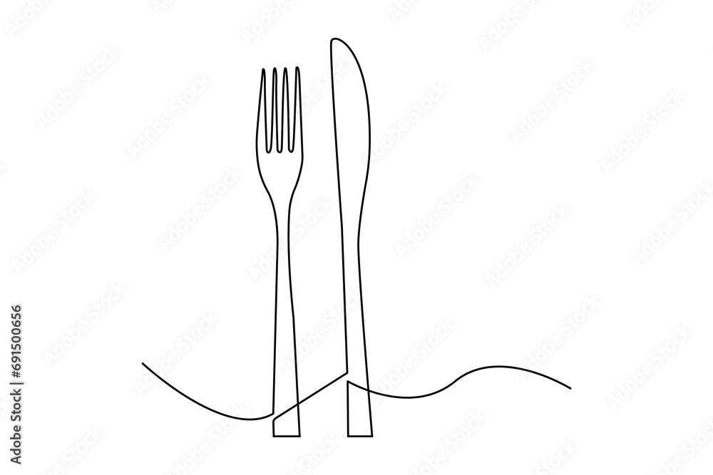 Poster single continuous line drawing of fork and knife