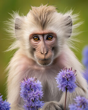 Portrait of monkey with cornflowers, generative ai 