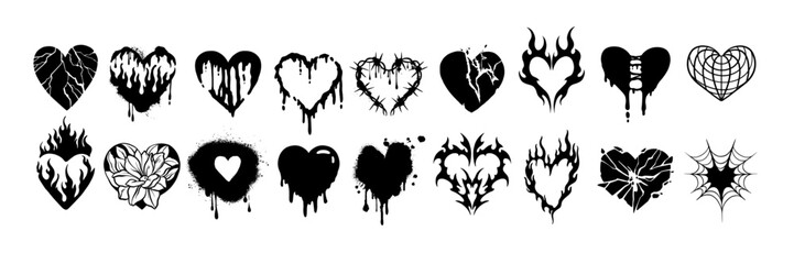 Heart tattoo gothic set, graffiti rock flame shape kit, vector u2k abstract love logo concept. Valentine punk retro sticker collection, neotribal web goth decoration. Dripping heart tattoo prints - obrazy, fototapety, plakaty