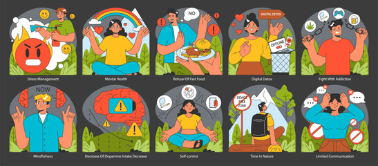 Dopamine fasting set. Techniques for mental rejuvenation and addiction combat. Mindful lifestyle changes promoting health. Flat vector illustration.