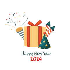 Happy New Year 2024 Greeting Card with Gift, Party Hat and Fireworks Vector Art