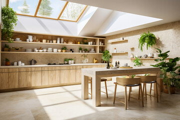 The interior of this beautiful kitchen is a harmonious combination of original wooden furniture, modern equipment and a large window.