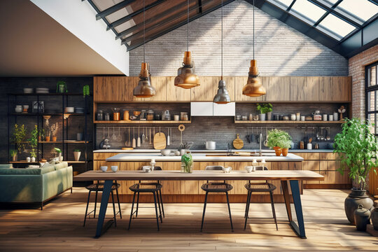 The stylish kitchen, decorated in an industrial loft style, combines original wooden furniture and necessary household appliances.