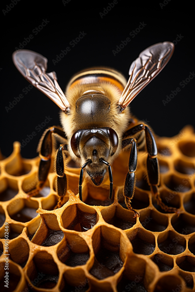 Poster a bee abstractly depicted with geometric shapes and honeycomb patterns.