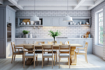 Fototapeta premium The interior of a modern kitchen.. It has original wooden furniture and modern appliances. A large window provides good natural light.