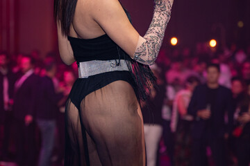 Sexy girl dancer posing on stage in a nightclub. Back view.