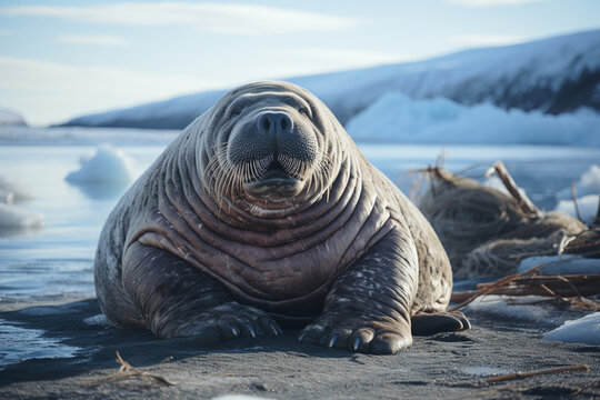 A walrus depicted with rounded, bulky shapes in a cold color palette.