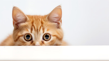 portrait of a cat with white background - playfully peeking Kitten isolated on a white background. Only its curious eyes and the tip of its nose visible.