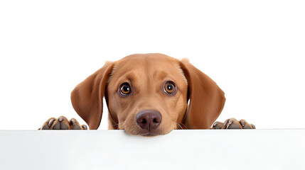 playfully peeking dog isolated on a white background. Only its curious eyes and the tip of its nose visible.