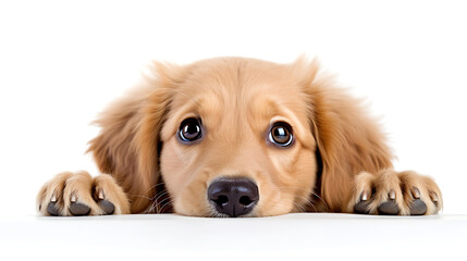 playfully peeking dog Golden Retriever, isolated on a white background. Only its curious eyes and the tip of its nose visible. - obrazy, fototapety, plakaty