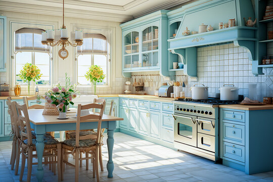 The interior of the kitchen is made in the style of cozy French Provence. Turquoise-hued furniture, modern household appliances and a large wooden dining table are harmoniously combined here