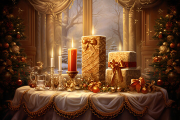Fototapeta na wymiar Christmas banner with burning candles. Generative AI