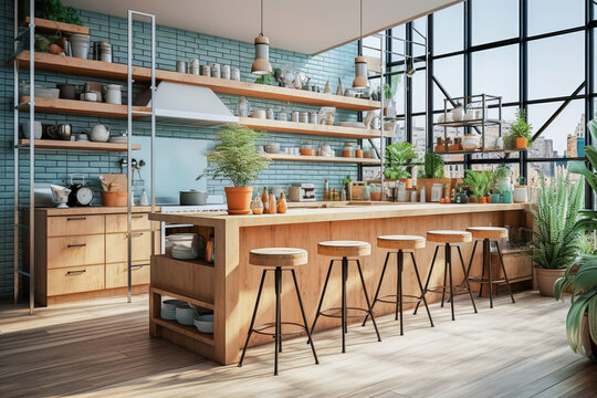 Modern and stylish loft-style kitchen. Original furniture made of textured wood and practical appliances.