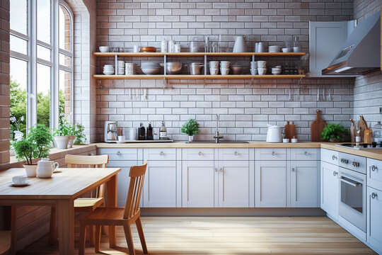 Cute and original modern Scandinavian-style kitchen. Beautiful wooden furniture in natural colors, pots with live green plants on the windowsill