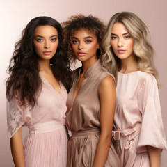 Fototapeta premium Three elegant models in chic evening attire, presenting a diverse array of beauty and fashion styles