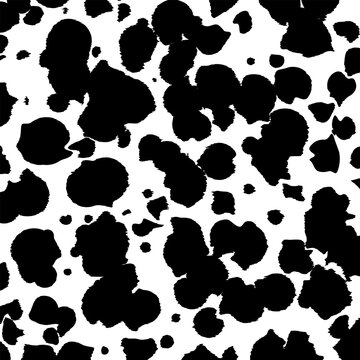 Black and white spotted animal print of Dalmatian or cow. Vector background with animal print. Texture spots and dots of different shapes.