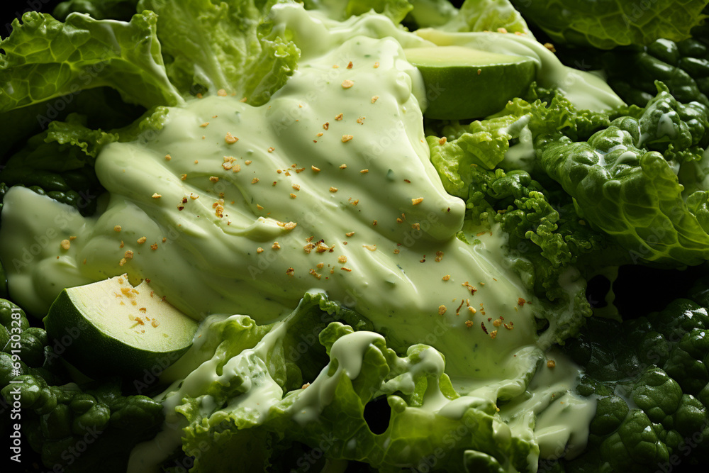 Poster caesar salad - crisp green abstract shapes with caesar dressing swirls.