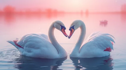 Foto op Plexiglas Graceful swans glide through the calm waters of the lake, their elegant beaks poised as they swim in perfect harmony © Glittering Humanity