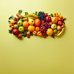 Naklejka na ściany i meble Multiple tropical fruits isolated on a solid colorful background. Copyspace illustration that allows to insert content