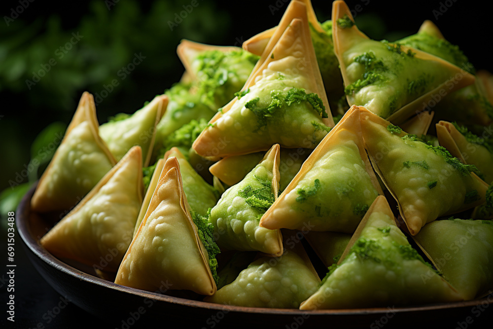 Poster Samosa - Triangular abstract forms filled with spiced potato and peas.