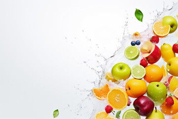 Multiple tropical fruits in water splash isolated on a solid colorful background. Copyspace illustration that allows to insert content