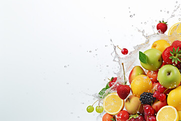 Multiple tropical fruits in water splash isolated on a solid colorful background. Copyspace illustration that allows to insert content