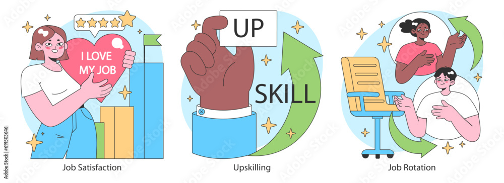 Poster professional growth set. pathways and strategies for career advancement. diverse business characters