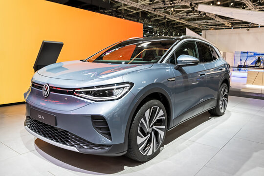 Volkswagen ID.4 all-electric SUV coupe car at the IAA Mobility 2021 motor show in Munich, Germany - September 6, 2021.