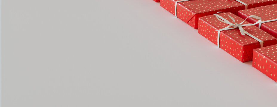 Christmas Gifts Precisely arranged in a Grid. Elegant Red and White Seasonal Background with copy-space.