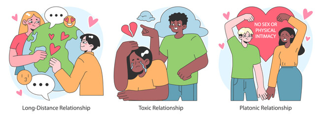 Relationships set. Diverse interpersonal romantic dynamics between characters. Mutual emotional connections across various scenarios. Flat vector illustration.
