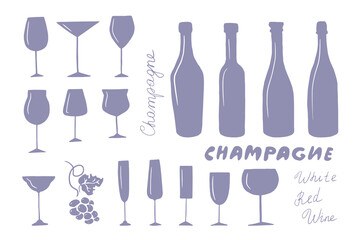 Set of silhouettes of alcohol bottles and glasses of different sizes and shapes. Doodle style. Alcoholic drinks. Champagne, wine. Great for bar menu, banner, greeting card, celebration. Hand drawn