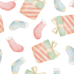 Watercolor Hand Drawn Seamless Pattern, Gift box and Socks