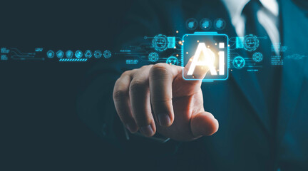 Ai tech, businessman show virtual graphic Global Internet connect robot Chat with AI, Artificial Intelligence. Using command prompt for generates something, Futuristic technology transformation.