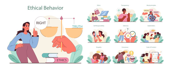Fototapeta na wymiar Ethical Behavior set. Balancing truth and rightness, exploring transparency in decisions. Engaging empathy, responsibility, and moral judgments. Flat vector illustration.