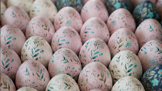 Collection of Neatly arranged Eggs with Floral Patterns. Pink and Blue Easter Background.