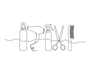 Continuous one line drawing of barbershop equipment. Hair dryer, scissors, hair comb outline vector illustration. Editable stroke.