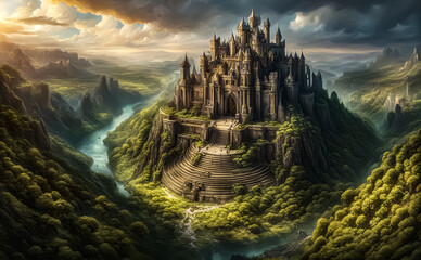 A big kingdom. Fantastic landscape. A house made of rock. AI	
