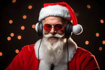 Cool Santa Claus Vibing to Christmas Tunes, Sporting a Festive Hat and Rocking Headphones in Style